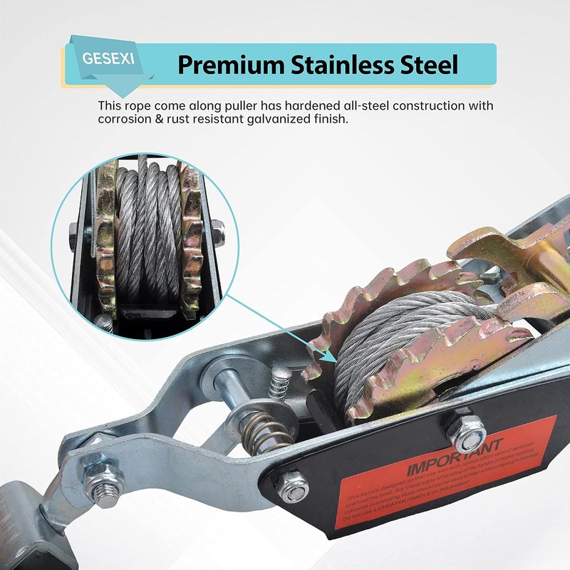 GESEXI 4 Ton Dual Gear Power Puller, 2 Hook Steel Cable Dual Gear Power Ratchet Come Along Puller Tool with Cable Automotive Hoist Hand Winch Cable Puller Stretcher Lift 8,800 Lbs - Image 3